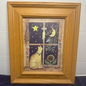 Unique Framed Cat At Windowsill Night Sky Moon